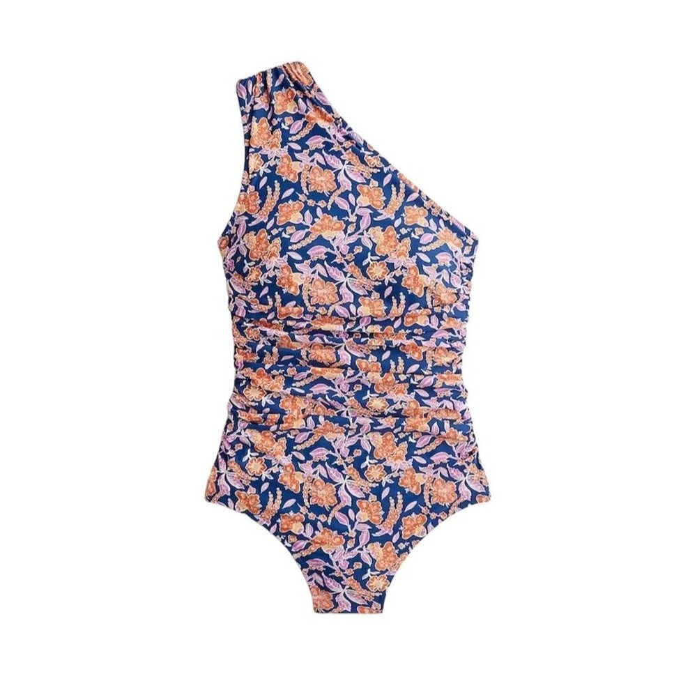 J.Crew One Piece Swimsuit Womens 14 Blue Floral Ruched One Shoulder Re-Imagined